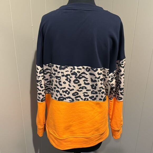 Colorblocked navy/animal print/orange crewneck long sleeve sweatshirt. Medium. - Picture 3 of 3